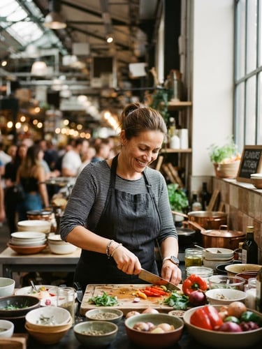 Portrait shot of a bustling modern food market, vendors prepping fresh ingredients, soft diffused window light, rich high-contrast tones, warm editorial photography, 35mm lens