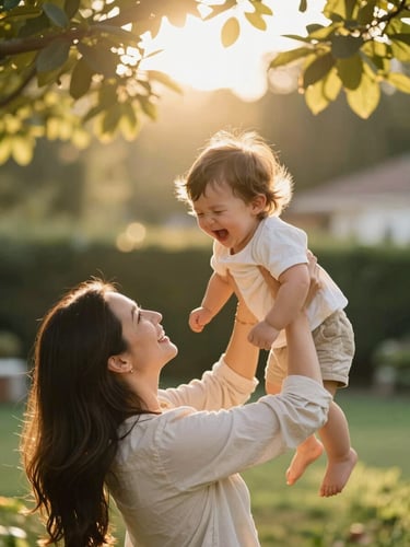 Close portrait framing, a mother lifting her young child in a sun-dappled backyard, the child mid-laugh with eyes scrunched shut, golden afternoon light filtering through leaves overhead — warm and unposed, soft bokeh background