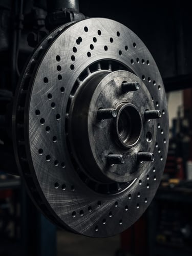 Moody technical photography of a pristine metallic brake disc with sharp ventilation holes, high-contrast directional workshop lighting, deep charcoal and metallic tones, sharp macro focus