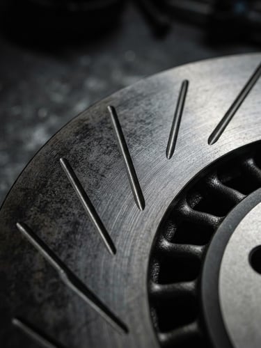 Extreme macro close-up of a pristine metallic brake disc with sharp slots, directional workshop lighting, dark textured charcoal background, technical precision