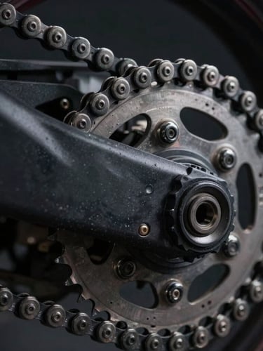 Macro close-up of a high-performance motorcycle drive chain and rear sprocket, sharp metallic teeth, moody dramatic workshop lighting, dark background
