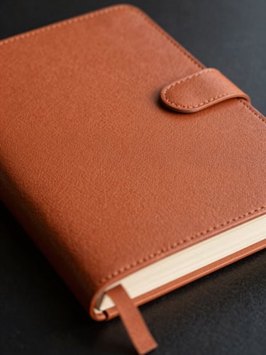 Vue rapprochée de carnets cliniques reliés avec des textures de papier épaisses ocre et terracotta, posés sous une lumière rasante de fin d'après-midi.