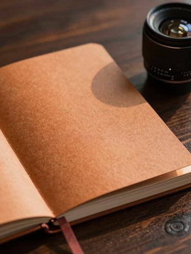 Vue rapprochée d'un carnet clinique relié, texture papier ocre brut, posé sur une table en bois sombre sous une lumière rasante de fin d'après-midi, ombres portées douces.
