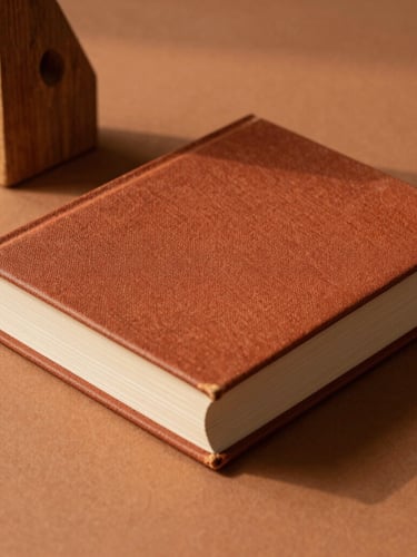 Vue rapprochée d'un livre relié en lin terracotta posé à côté d'un objet géométrique en bois brut, ombre douce de fin d'après-midi sur fond ocre.