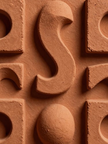 Composition abstraite de formes géométriques en terre cuite et ocre, textures rugueuses et ombres nettes évoquant la structure et la médiation.