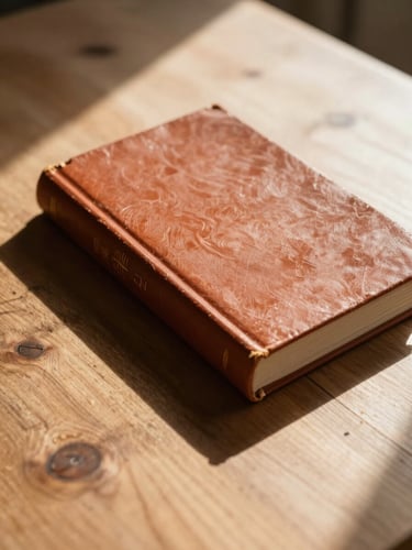 Vue rapprochée d'un livre clinique cartonné posé sur une table en bois brut, ombre portée géométrique et lumière naturelle de fin d'après-midi, tons chauds terracotta.