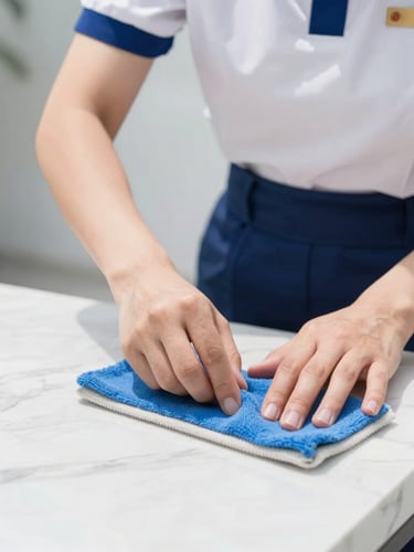 Close-up of a professional cleaner in a neat uniform meticulously polishing a marble surface, bright natural daylight, sharp focus on hands and precise technique, premium corporate setting