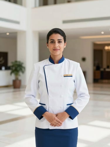 Bright editorial photography of a professional hospitality staff member in an immaculate uniform standing in a crisp, modern hotel lobby in Doha, daylight, 35mm