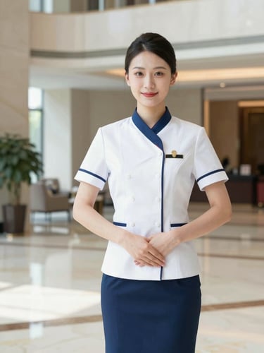 Bright editorial photography of a professional hospitality worker in an immaculate uniform standing in a polished luxury hotel lobby, crisp daylight, 35mm