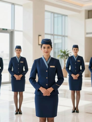 Immaculate hospitality staff in crisp dark blue uniforms standing in a bright, high-key luxury hotel lobby in Doha, daylight streaming through large glass windows, editorial 35mm photography