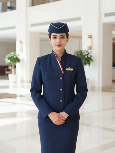 An editorial portrait of a professional hospitality specialist in an immaculate navy uniform standing inside a pristine, sunlit Qatar hotel lobby, 35mm
