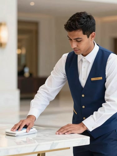 Bright editorial photography of a professional hospitality staff member in an immaculate uniform, polishing a marble surface in a luxury Doha hotel lobby, crisp daylight, sharp focus, 35mm