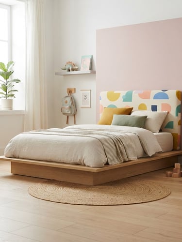 Low-angle shot of a low platform twin bed with a colorful fabric headboard in a bright, minimalist kids' room, natural morning light, clean pastel color blocks, sharp architectural focus, 35mm.