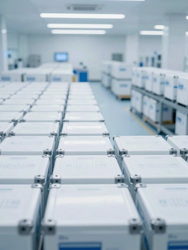 Panoramic view of a modern logistics hub with pharmaceutical containers being loaded, cool blue and white tones, high-key clinical light, wide architectural framing, 35mm