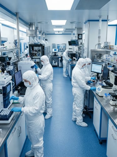 Wide shot of an advanced pharmaceutical research laboratory, scientists in cleanroom suits working with high-precision analytical equipment, cool bright studio light, sterile blue and white tones, sharp macro focus, 35mm.