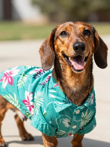Candid eye-level portrait of a happy, long-bodied Dachshund wearing a vibrant teal custom-tailored Hawaiian shirt, bright warm natural daylight, shallow depth of field, 35mm