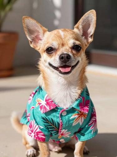 A happy small chihuahua wearing a colorful tropical Hawaiian shirt, sitting proudly on a sunny patio, warm bright daylight, close-up eye-level, vibrant teal and magenta accents, shallow depth of field, 35mm