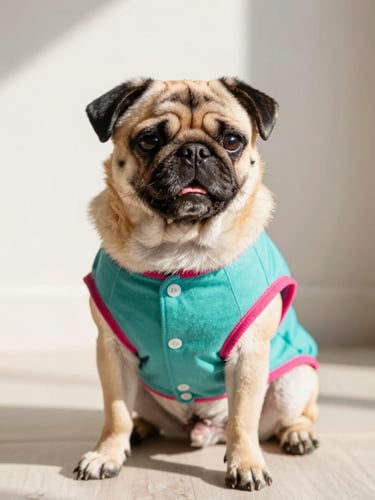 Un tierno perro pug usando una camisa playera colorida, sentado alegremente bajo luz natural cálida, fondo suave.
