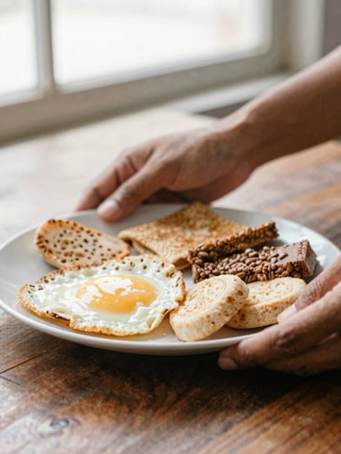 A close-up of hands placing a freshly prepared Malaysian breakfast plate on a rustic wooden table, soft morning light, coffee brown and cream tones, 35mm