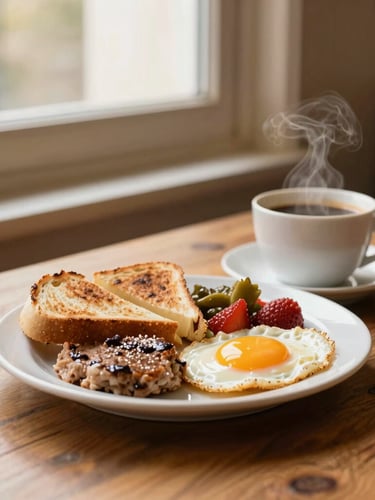 A steaming cup of coffee next to a freshly plated local breakfast dish on a rustic wooden table, soft golden window light, warm editorial style