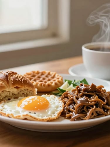 Warm editorial photography of a steaming cup of coffee next to a freshly plated local Malaysian breakfast on a wooden table, soft natural window light, shallow depth of field, 35mm