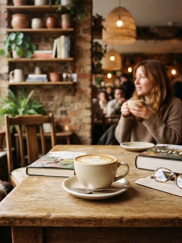 Warm editorial photography of a cozy café corner with wooden tables and soft natural window light, rich cream and coffee tones, shallow depth of field, 35mm