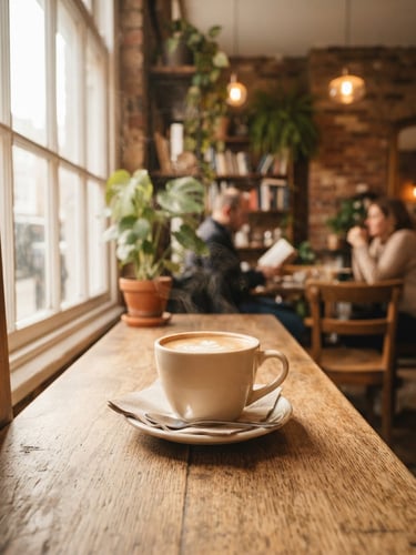 Warm environmental photography of CAFECITY interior, soft window light highlighting a wooden table with a steaming coffee cup, rich cream tones, shallow depth of field, 35mm