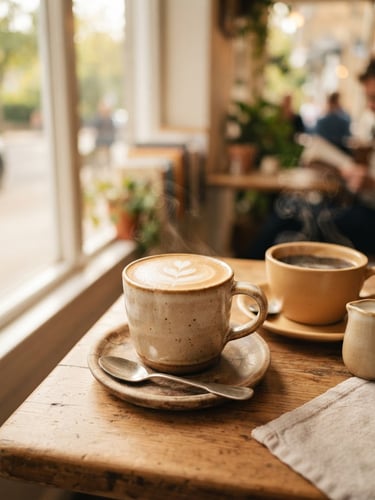 Warm editorial photography of steaming cups of coffee on a wooden table near a window with soft natural light, rich cream and coffee tones, shallow depth of field, 35mm