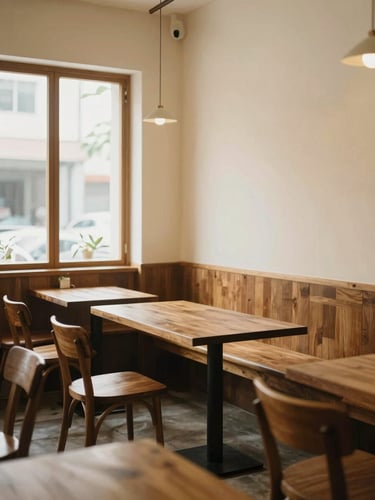 Wide environmental shot of a cozy Malaysian cafe interior, comfortable wooden seating, warm lighting, soft shadows, inviting atmosphere, 35mm