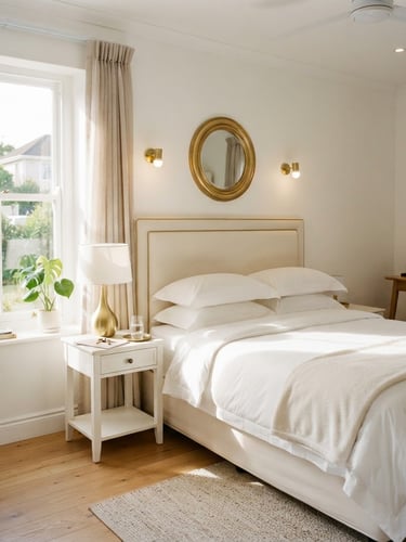 Bright, clean guest room interior at Seethamba Guest House, crisp white linens on a comfortable bed, warm natural light streaming through a window, gold accents, professional 35mm photography