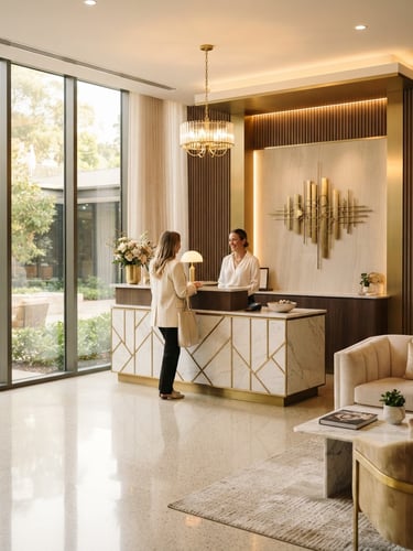 Bright modern guest house reception lobby with warm lighting, gold accents, clean polished floors, and a welcoming desk.