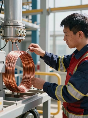 An engineer in high-visibility gear inspecting a copper wiring loop and terminal box inside a clean industrial facility, daylight.