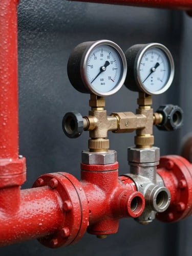 Close-up macro shot of heavy-duty red piping joints, pressure gauges, and steel fittings in an industrial plant, high-contrast crisp shadows.