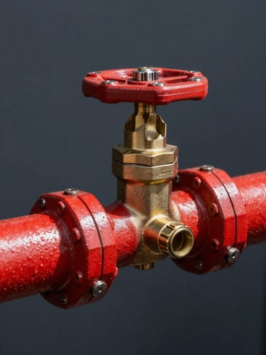 Close-up macro shot of heavy-duty red piping and brass pressure valves under intense industrial light, crisp shadows.