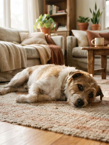 A rescue dog lying calmly on a soft rug in a sunlit living room, eye-level shot, warm natural daylight, peaceful atmosphere, 35mm film style