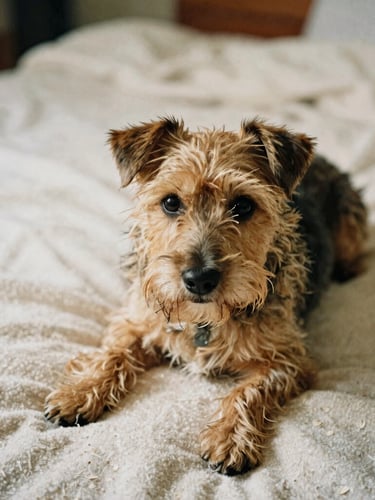 Candid eye-level portrait of a scruffy terrier decompressing on a soft oatmeal blanket, looking calmly toward the camera. Warm natural indoor daylight, muted earth tones, 35mm film style, intimate framing.