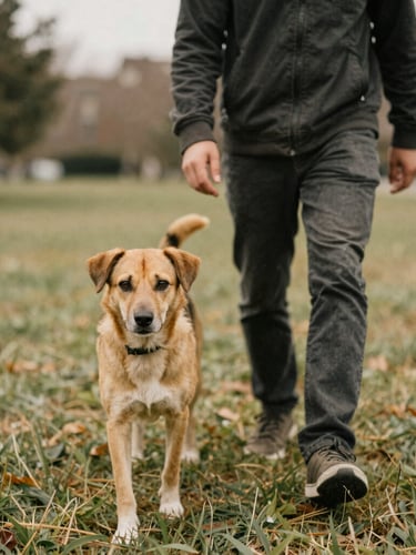 Ben walking patiently beside a relaxed mixed-breed rescue dog in an overcast grassy park, intimate eye-level shot, natural muted earth tones, 35mm film style