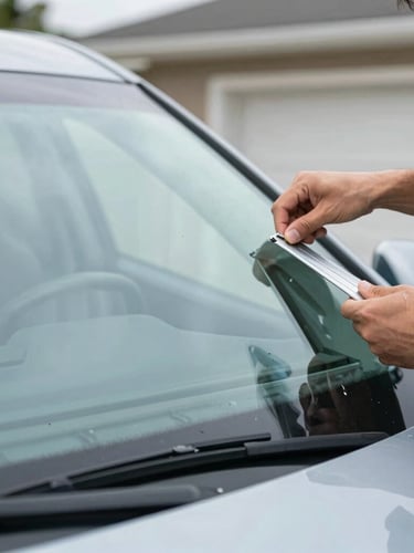 Close-up of professional hands installing a certified windshield on a modern car in a driveway, bright overcast daylight, cool slate tones, sharp focus, 35mm