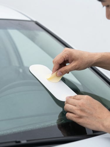 Close-up of clean professional hands applying adhesive seal to a new car windshield, bright daylight, sharp focus, 35mm