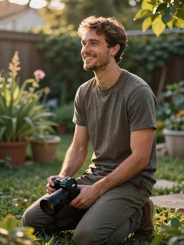 Close environmental portrait, photographer kneeling in a sun-warmed backyard holding a camera loosely at their side, golden hour light falling across their face from the right, relaxed and mid-laugh, lush garden background softly out of focus