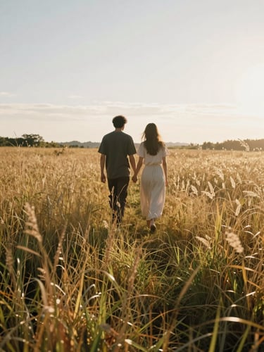 Medium-wide shot through tall golden grasses in the foreground, a couple walking hand-in-hand away from camera in a sun-drenched meadow, backlit by low afternoon sun, warm haze, voyeuristic framing — natural and unhurried