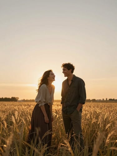 Wide environmental portrait — couple laughing mid-conversation in a golden-hour field, backlit warm glow creating separation, tall grass in the foreground, woman leaning into partner, neither looking at camera, expansive warm sky above