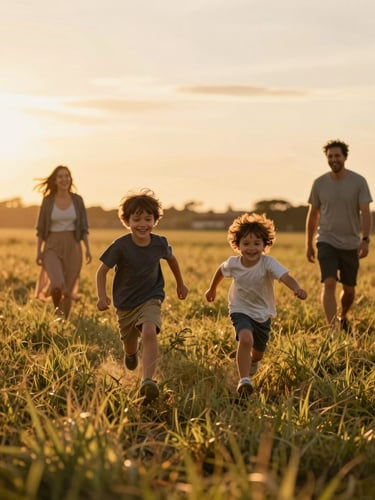 Wide environmental shot of two young children running through a golden-hour grassy field, parents watching from behind laughing, warm amber backlight, voyeuristic framing through foreground grass, motion and joy