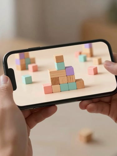 A close-up portrait of a mobile screen held in relaxed hands, displaying a satisfying physics-based cozy puzzle game with wooden and pastel-colored blocks, soft natural studio light, realistic gentle drop shadows.
