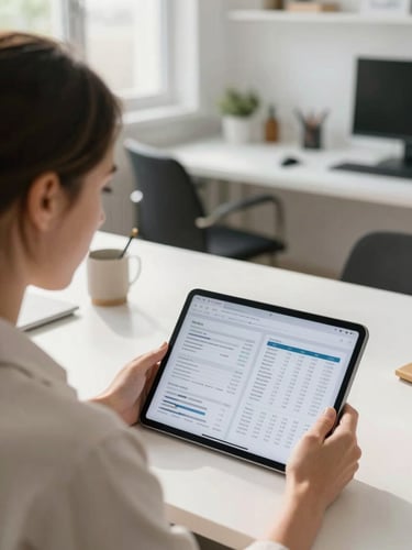 Over-the-shoulder shot of a focused female business owner reviewing financial spreadsheets on a tablet in a bright, naturally lit modern workshop, clean and organized background, daylight.