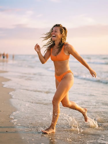 Warm editorial photography of a young woman laughing on a sun-drenched beach, wearing a bright orange bikini, dynamic motion, soft pastel sky background, 35mm