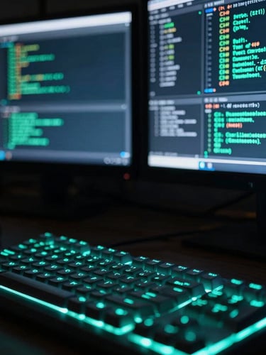 Macro close-up of a clean developer workstation, glowing mechanical keyboard, multiple vertical screens displaying complex system telemetry and raw C# code, neon-cyan backlighting, dark atmosphere, 35mm
