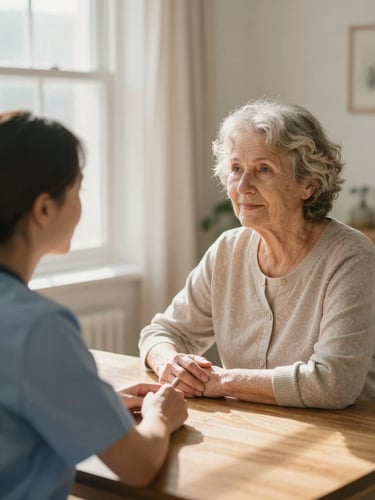 A warm sunlit living room where a professional caregiver and an elder woman sit together, hands resting gently on a wooden table, soft natural window lighting, 35mm photography.