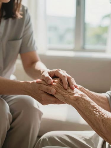 Warm editorial photography of a caregiver gently holding the hand of an elderly woman in a sunlit Miami living room, soft natural window light, shallow depth of field, 35mm