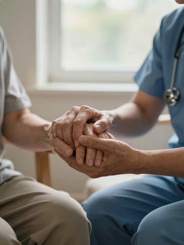 Warm editorial portrait of a caregiver gently holding an older adult's hand in a sunlit room, soft natural window light, shallow depth of field, 35mm